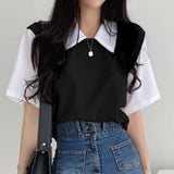 Yasuk Spring Summer Casual Polo T-Shirt Female Pullover Women's Loose Tees Top Fake Two Piece Suit Student Preppy Style