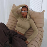T-shirt Women Hooded Crop Top Autumn Solid Long Sleeves Slim Sexy Basic Tees Fashion Bodycon T-shirts Female Casual Streetwear