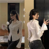 DERMEARNE Spring And Summer High Street Sexy Suspender Shirt Female Trumpet Sleeve Lapel Slim Female Fashion Single-Breasted Sweater