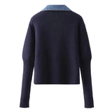 Spring and Autumn New cardigan sweater women's Korean  loose denim patchwork knitted jacket Polo collar top