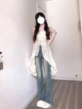 Dermearne Chiffon Fashion Outfits 2 Piece Skirt Set Gyaru Chic Sexy Spaghetti Strap Dress + Beige Long Tops Ruched Mori Girl Simple