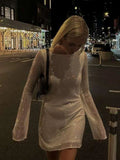 Dermearne Sequins Backless Mini Dresses Women Sexy O-neck Long Flare Sleeve Sparkly Party Dress 2024 Autumn New Lady Night Club Vestido