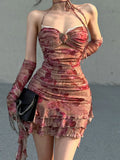 Goth Dark Y2k Girl Cute Hollow Out Sexy Party Dresses Floral Ruffles Mesh Ruched Hot Mini Dress Women Halter Evening Slim Outfit