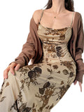 Women Backless Maxi Dress Floral Print Spaghetti Strap Bodycon Y2K Long Dress Low Cut Fishtail Dress for Women