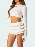 Women Knitted 2 Piece Short Set Chic Solid Color Crew Neck Long Sleeve Knit Crop Tops Ruffles Tiered Shorts Autumn Outfit Trendy