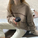 Women's Black Stripe Patterned Sweater Ribbed Long Sleeves and Loose Fit Casual Pullover for Autumn Winter 2024