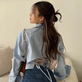 Gidyq Korean Bandage Shirt Women Fashion Backless Sexy Blouse Office Ladies Casual Slim Chic Turn Down Collar Long Sleeve Tops