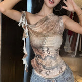 Women Crop Tops Vintage Korean Retro High Street Graffiti Print Diagonal Shoulder Camis Sleeveless Y2k Irregular Vest