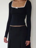 2024 Autumn Y2k Bow Crop Top Women Long Sleeve Square Neck T Shirts Sexy Slim Fit Baby Tees Ribbed Knit Shirt Streetwear