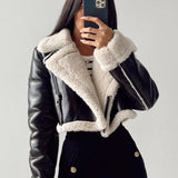 2024 Autumn Winter Women Faux Lamb Leather Fur Short Jackets Lady Moto Biker Zipper Coats Thicken Warm Female Vintage Outerwear