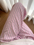 DERMEARNE Striped Korean Casual Drawstring Straight Pant Summer Women Loose Holiday Pants Perppy Sweet Pink High Waist Office Trousers