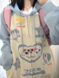 American Sky Blue Cotton Zipper Hoodie Jackets Kitten Cats Cute Y2K Print Sweatshirt Coat Loose Oversized Korean Kawaii Clothes