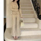 Dermearne Fashionable Women Square Neck Long Sleeve Tassel Button Short Coat Autumn Winter High Waist Casual Wide Leg Pants Two Piece Set