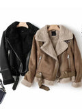 Winter Faux Leather Jacket Women Punk Suede Fur Coat Biker Motorcycle Jacket Warm Black Outerwear ED1838