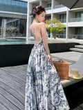 French Summer New Vintage Ink Painting Print Sleeveless Slip Long Dress Women 2024 Fashion Backless Slim Elegant Party Dresses