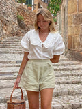Ruffles Doll Collar Shorts Women's Summer Suit 2024 Button Short  Puff Sleeve Ladies Shirts Set Loose Single Breasted Streetwear