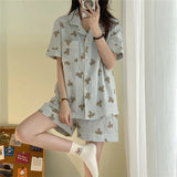 Dermearne Women's Pajamas New Summer Short Sleeve Soft Sleepwear Set Grid Cartoon Printed Pyjama Woman Home Nightwear Set Cardigan
