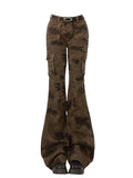 Women American Vintage Low Rise Camouflage Bell Bottoms Y2k Japanese Streetwear Denim Pants Harajuku Long Trousers 2000s Jean