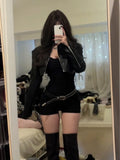 Gothic Sexy Y2k Two Piece Set Women Korean Casual High Street Retro Suit Female Elegant Leather Tops + High Waist Jumpsuit 2024