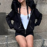 Dermearne Vintage Fashion Zip Up Women Sweatshirts Casual Fur Collar Hoodies Chic Streetwear Aesthetic Pockets Cardigans