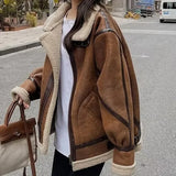 Dermearne Women Warm Winter Faux Fur Suede Leather Lambswool Spliced Parkas Coat Shearling Bomber Jacket Zipper Sheepskin Moto Outwear