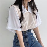 Yasuk Spring Summer Casual Polo T-Shirt Female Pullover Women's Loose Tees Top Fake Two Piece Suit Student Preppy Style