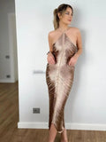 Dermearne Fashion Tassel Back Slit Halter Evening Dress Women Sexy Off Shoulder Sleeveless Long Dress Female Chic Party Vestidos
