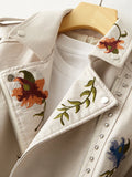 New Women Retro Floral Print Embroidery Faux Soft Leather Jacket Coat Turndown Collar Pu Moto Biker Black Punk Outerwear