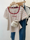 Plus Size Women's Top 2024 Summer New Slightly Fat Girl Fashion Versatile Stripe Letter Embroidered Short Sleeved T-shirt