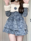 Autumn Winter Sweet Denim Dress Women Print Patchwork Warm Party MiniDress Female Korean Fashion Designer One Piece Dress 2024
