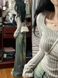Korean Vintage Slim Grunge Sweaters Square Collar Knitted All Match Bottoming Jumpers Y2k Aesthetic Ins Casual Cropped Pullovers