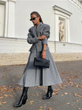 Women Fashion Solid Woolen Skirt Suits Elegant Stand Collar Full Sleeve Coat Loose Pleated Long Skirts Set Fall Chic Lady Outfit