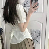 Korean Fashion New Spring/Summer Sexy Girl Short Sleeve Preppy Style Slim JK Bandage Shirt Women's Bow Tie Neck Blouse Top