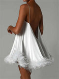 Plush Trim Backless Party Dresses Evening Gown Vestidos Vintage Elegant Women Chain Spaghetti Strap A-Line Short Dresses