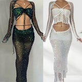 2024 Summer Women Crochet Knitted Dress Two Piece Skirt Sets Clothes Sexy Crop Tops Elegant Knit Sequin Dress 2 Piece Set Outfit