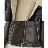 Women Jacket Winter Streetwear Faux Lamb Leather Fur Short Jacket with Belt Moto Biker Thick Warm Coat Outwear