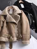 Winter Women Thick Warm Suede Lamb Jacket Short Motorcycle Brown Coats Faux Shearling Sheepskin Leather Jackets Outwear