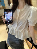 Fairycore White Blouse Women Short Sleeve Slimming Waist Shirts Feminina Ladies Cropped Tops Korean Fashion Chic New