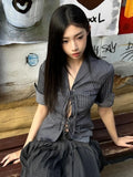 Vintage Sexy Coquette Blouses Women Korean Style Punk Streetwear Striped Print Bandage Hollow Out Slim Shirts 2024 Y2k