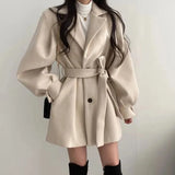 Fashion Korean Women Faux Woolen Coats Elegant Belt Ladies Jacket Fall Casual High Waist Tunic Female Blends Outwear