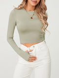 Fashion Women Basic T-shirt with Thumb Holes Long Sleeve Crew Neck Solid Slim Fit Basic Crop Top Streetwear