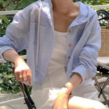 Summer Sun Protection Short Hooded Cardigan for Women Casual Striped Loose Fit Korean Version All-Match Long Sleeve Breathable