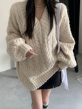 Winter Knitted Sweater Women Korean Fashion Solid Color Oversized Pullover Female Casual Loose Long Sleeve V Neck Twist Knitwear