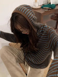 Stripe Hooded Sweater Women's Y2k Aesthetic Autumn Drawstring Clothing Fashion Casual Streetwear Knitted Oversized Pullovers