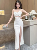 Dermearne Women's White Elegant Birthday Evening Party Strapless Long Dress Summer Black Sexy Club Backless High Split Gowns Dress Fashion