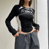 Letter Print Sexy T-shirt Women Autumn Black Streetwear Long Sleeves O-Neck Crop Top Fashion Patchwork Slim Tees Female New 2024