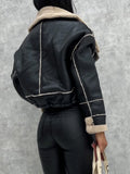 Dermearne Women PU Faux Fur Leather Jacket Faux Fur Open Front Casual Furry Collar Lapel Short Parka Coat Warm Cardigan with Belt Outwear