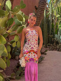 Sexy Butterfly Print Halter Tassel Hem Long Dress Slim Fit Sleeveless Backless Women's Dress Summer New Vacation Beach Vestidos