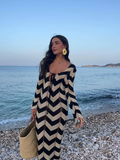 2024 Elegant Hookflower Striped Knitted Long Dress Women V-neck Hollow Out Lace Up Long Sleeve Vestido Lady Vacation Robes