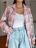 Long Sleeve Pink Plaid Shirts Korean Style Vintage Y2k Youthful Woman Blouses Harajuku Fashion Japanese Outerwears